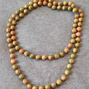 Unakite Jasper Agate Stone Bead Necklace Green Pink 34"
